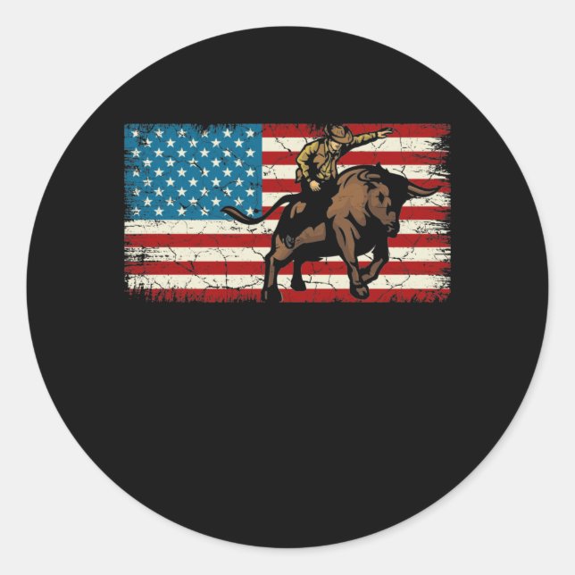 Adesivo Redondo Rodeo Bull Rider Patriota Americana Flag Cowboys (Frente)