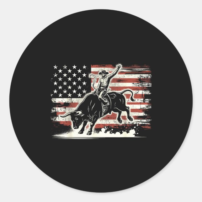Adesivo Redondo Rodeo Rider Bull Patriotic Cowboy Usa Flag  (Frente)