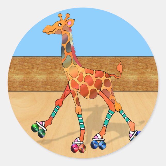 Adesivo Redondo Roller Skating Giraffe no Roller Rink (Frente)