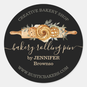 Adesivo Redondo Rolling Pin Bakery Cookies Penteia preto elegante