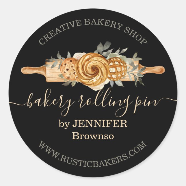 Adesivo Redondo Rolling Pin Bakery Cookies Penteia preto elegante (Frente)