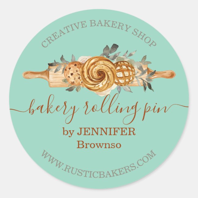 Adesivo Redondo Rolling Pin Bakery Cookies Penteia verde elegante (Frente)