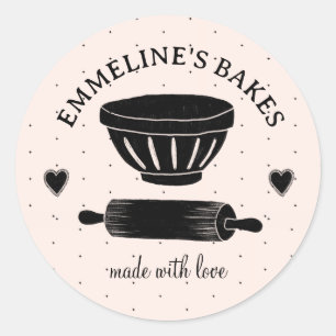 Adesivo Redondo Rolo de Massa Ilustrado Baker Cook Feito Com Amor