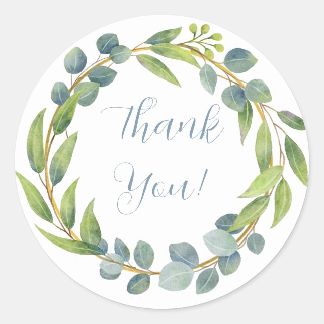 Adesivo Redondo Romanichel Watercolor Verde Folha Floral Obrigado  (Frente)