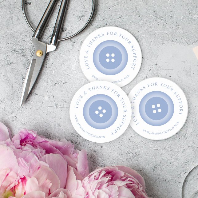 Adesivo Redondo Romantic Baby Blue Button Love & Thank  (Romantic Baby Blue Button Love & Thanks Quote Classic Round Sticker for Support Small Business.)