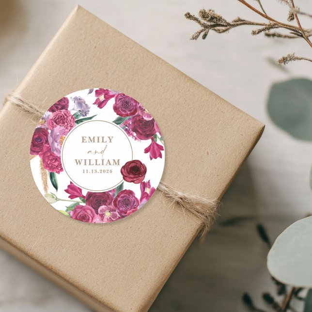 Adesivo Redondo Romantic Burgundy  Floral Wedding couple names (Criador carregado)