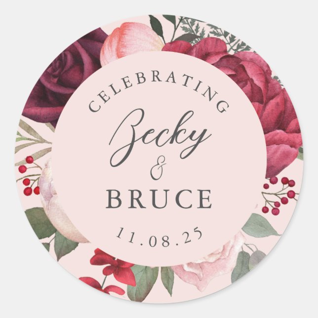 Adesivo Redondo Romantic Pink Bridal Bouquet Bride & Groom Names (Frente)