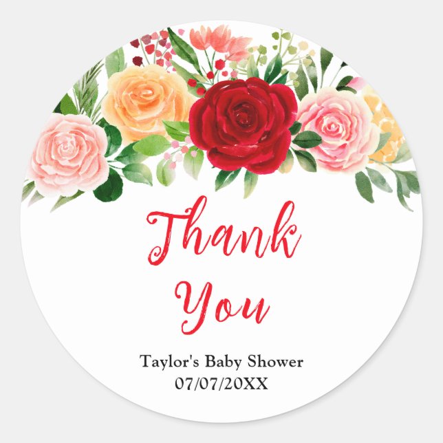 Adesivo Redondo Romantic Roses Floral Baby Shower Thank You (Frente)