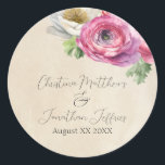 Adesivo Redondo Romantic Rustic Pink & White Ranunculus<br><div class="desc">These vintage style, romantic sticker labels feature a rustic parchment paper design with watercolor white and pink ranunculus flowers. A delicate floral bouquet of ranunculus and greenery is pictured on the top. Samples names of a newlywed couple and wedding date are printed in the top portion. You can personalize the...</div>