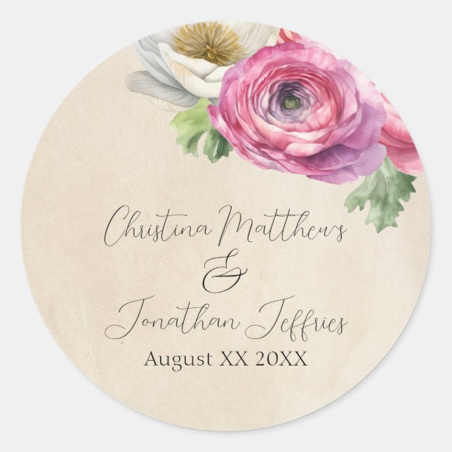 Adesivo Redondo Romantic Rustic Pink & White Ranunculus (Frente)