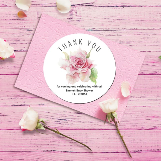 Adesivo Redondo Romantic Soft Pink Thank You (Romantic Soft Pink Thank You Classic Round Sticker #zazzle made #romanticthankyousticker #watercolor)