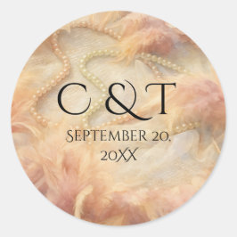 Adesivo Redondo Romantic Watercolor Floral Pearls Feathers Wedding