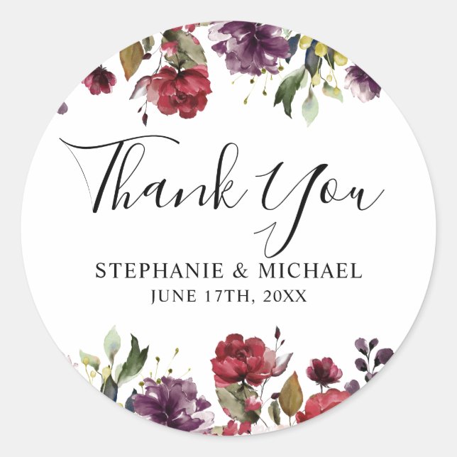 Adesivo Redondo Romântica Aquarela Borgonha Vermelha Rosa Floral (Frente)