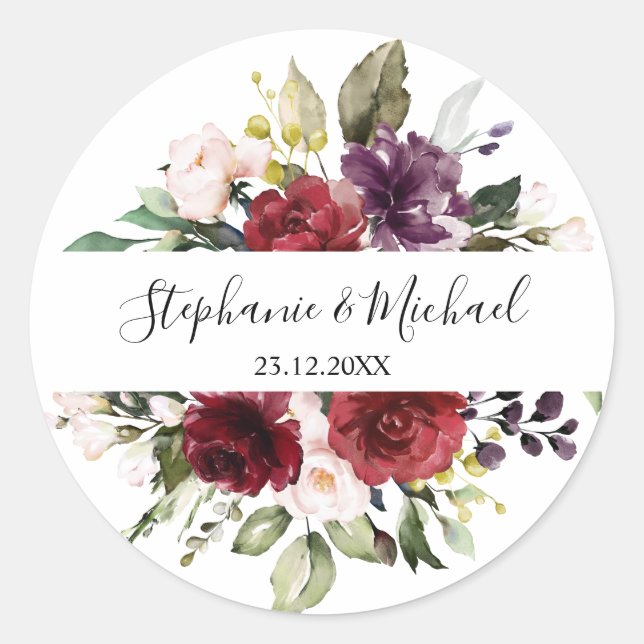 Adesivo Redondo Romântica Aquarela Borgonha Vermelha Rosa Floral (Frente)