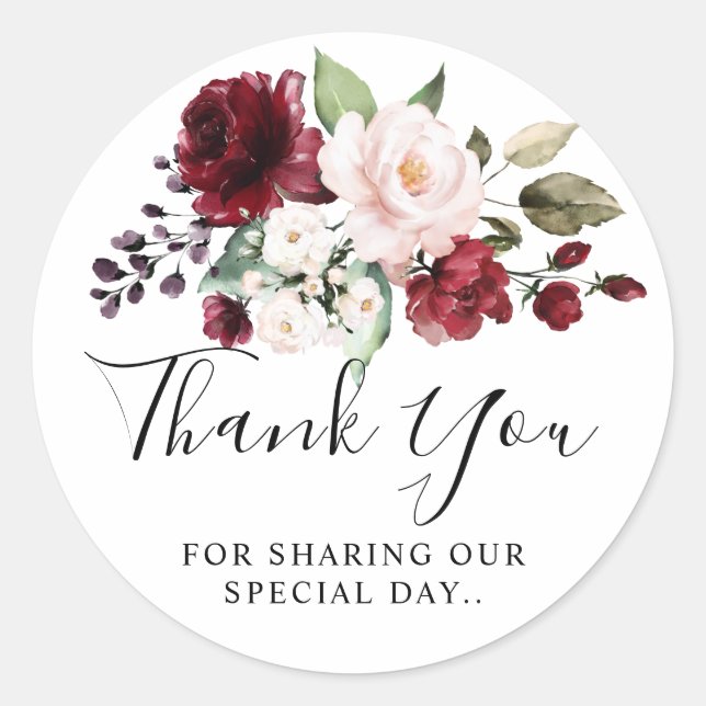 Adesivo Redondo Romântica Aquarela Borgonha Vermelha Rosa Floral (Frente)
