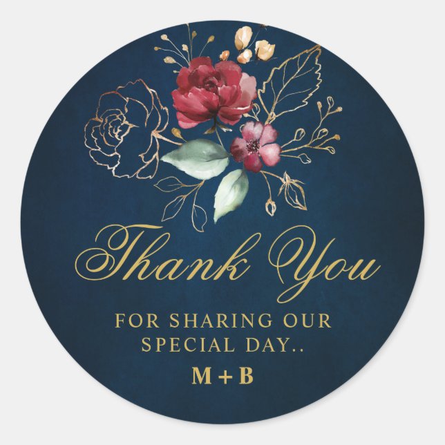 Adesivo Redondo Romântica Aquarela Burgundy Marinho Vermelho Flora (Frente)