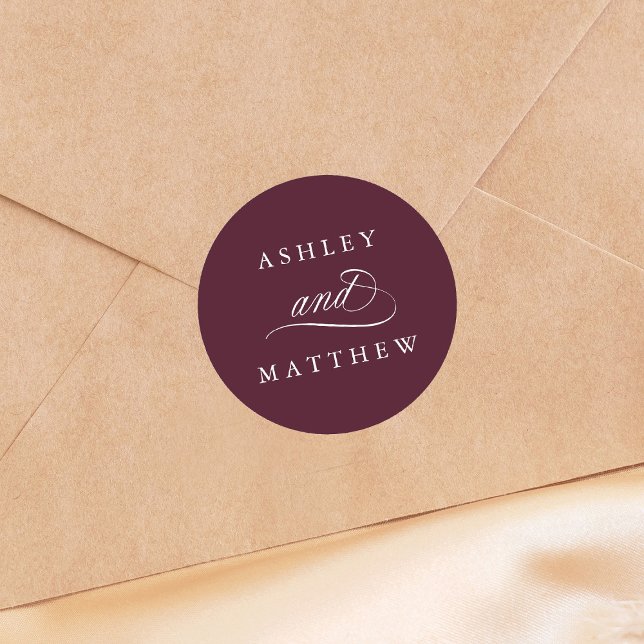 Adesivo Redondo Romântica Caligrafia Romântica Burgundy Casada (Criador carregado)