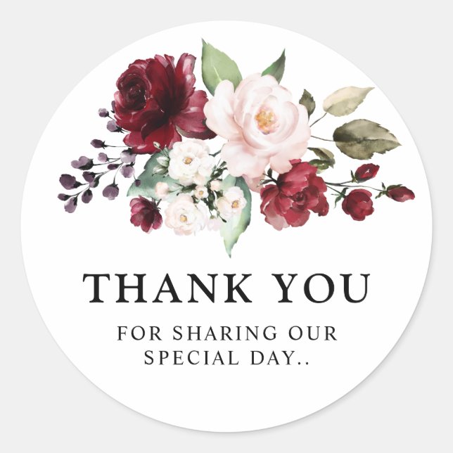 Adesivo Redondo Romântico Aquarela Rosa Floral Vermelho Borgonha (Frente)