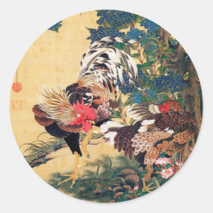 Adesivo Redondo Rooster e Hen com Hydrangeas por Ito Jakuchu