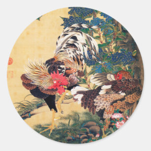 Adesivo Redondo Rooster e Hen com Hydrangeas por Ito Jakuchu