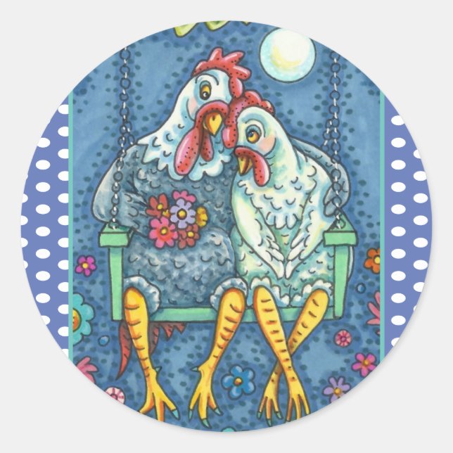 ADESIVO REDONDO ROOSTER HEN CANOODLES, DOCES DE FRANGO (Frente)