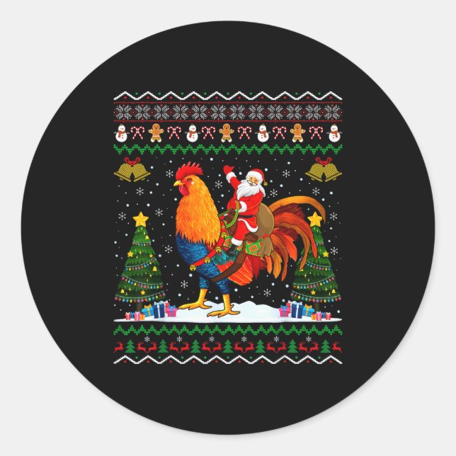 Adesivo Redondo Rooster Ugly Xmas Gift Santa Riding Rooster Christ (Frente)