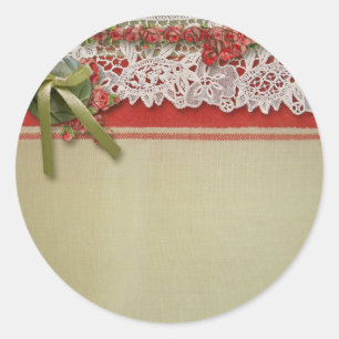 Adesivo Redondo Rosa Antiga em Renda Rustic Red Vitoriana em Lona