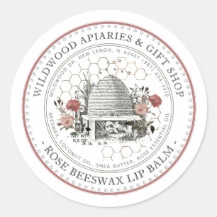 Adesivo Redondo Rosa Beeswax Lip Balm Vintage Skep com Honeycomb