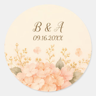 Adesivo Redondo Rosa Bege Macio & Hortênsia Dourada Floral Casamen