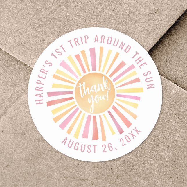 Adesivo Redondo Rosa Boho 1ª Viagem ao Redor do Sol (Pink Boho 1st Trip Around The Sun Classic Round Sticker )