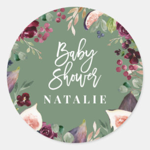 Adesivo Redondo Rosa, Borgonha, + aguarela do figo floral e