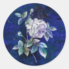 Adesivo Redondo Rosa Branca em Fundo Azul-Marinho Texturizado