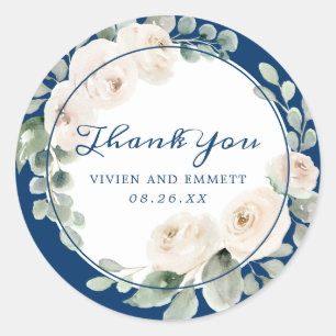 Adesivo Redondo Rosa Branca Floral no Casamento Azul Marinho Obrig