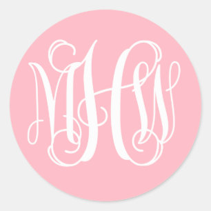 Adesivo Redondo Rosa Branco Préppy Vinheta Monograma DIY Fundo
