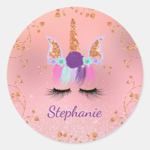 Adesivo Redondo Rosa brilhante cor-de-rosa-rosado Unicorn Dourado