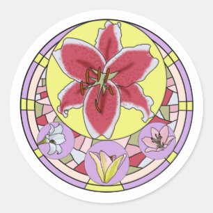 Adesivo Redondo Rosa Brilhante e Amarelo Vidro de flor lírio