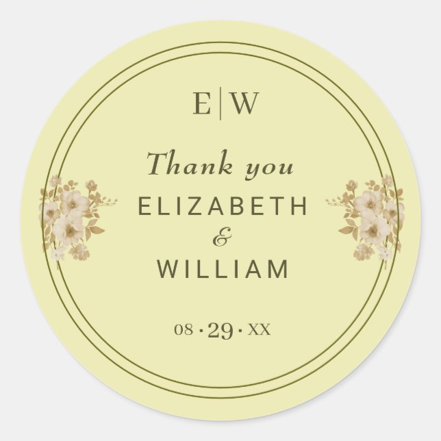 Adesivo Redondo Rosa - Casamento Amarelo Celestial Monograma (Frente)