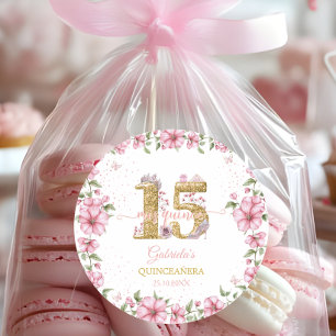 Adesivo Redondo Rosa Corado Dourado Mis Quince Quinceañera