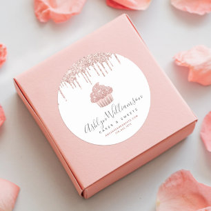 Adesivo Redondo Rosa Cupcake Dourado Pedaços de pastelaria de che
