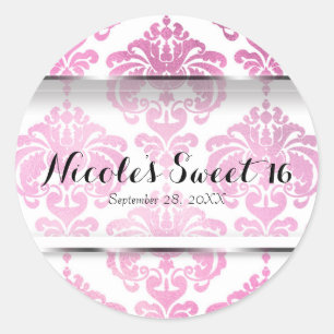 Adesivo Redondo Rosa Damask Antigo Favor de Evento de Casamento Gl