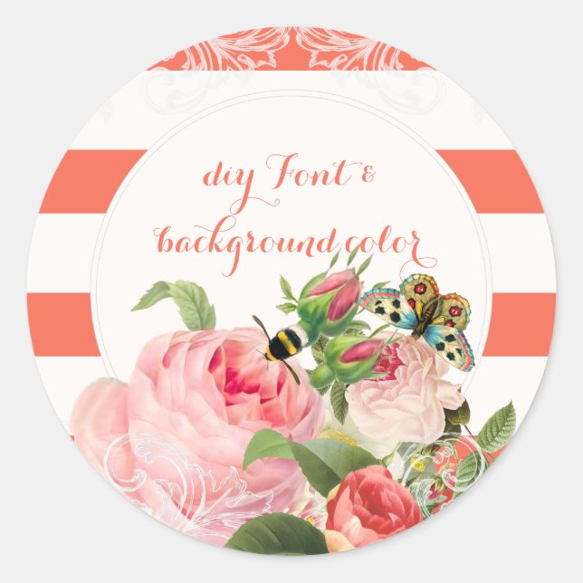 Adesivo Redondo Rosa de/coral da safra PixDezine+faixas brancas (Frente)