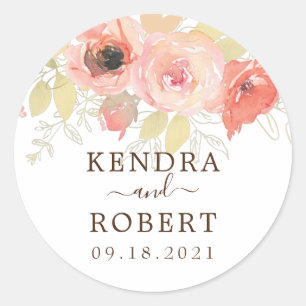 Adesivo Redondo Rosa de Coral Rosa e Casamento Floral de Folhas Do