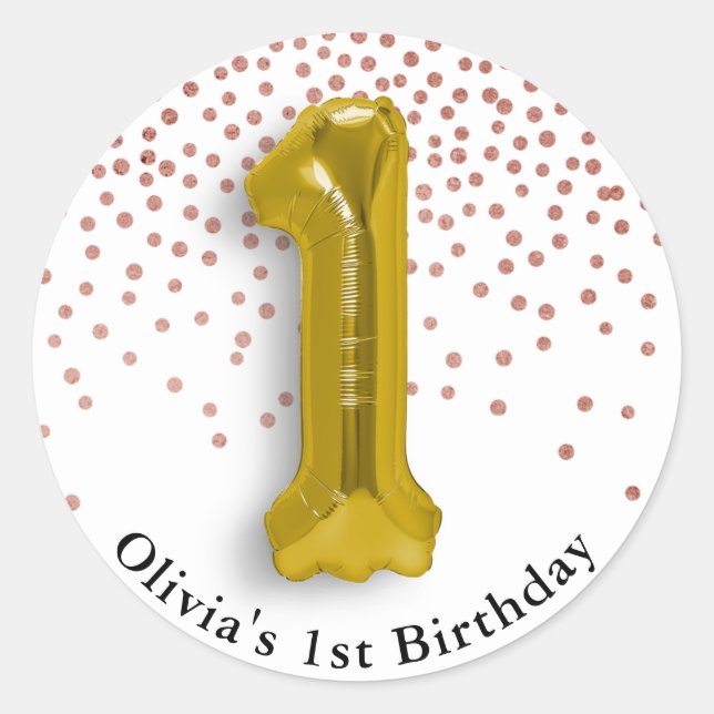 Adesivo Redondo Rosa de primeiro aniversario de Confetti e Balão d (Frente)