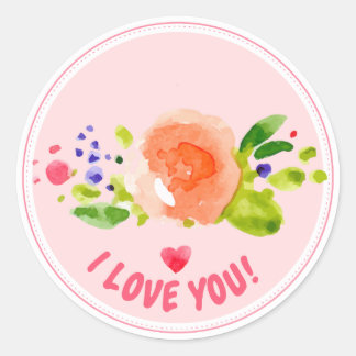 Adesivo Redondo Rosa de Watercolor eu te amo expressão