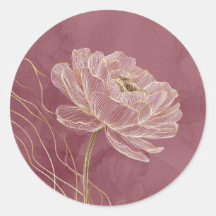Adesivo Redondo Rosa Desbotado Arte Linear Floral Elegante Dourado
