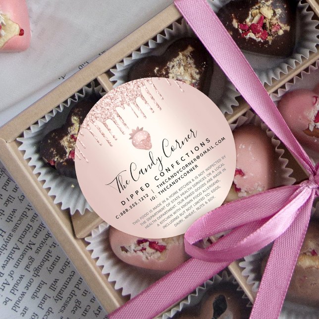 Adesivo Redondo Rosa Dourada Glitter Drip Strawberry Confecção Leg (Criador carregado)