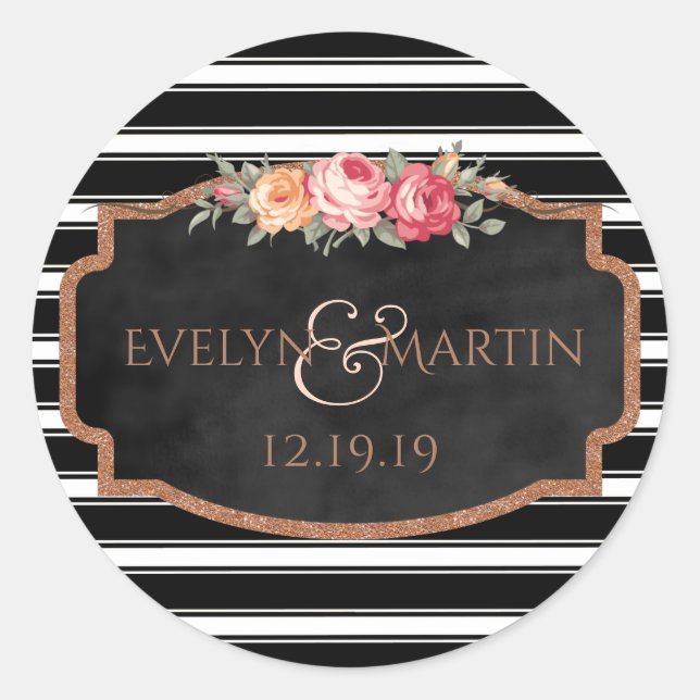 Adesivo Redondo Rosa Dourada Glitter Monograma Floral Wedding Favo (Frente)