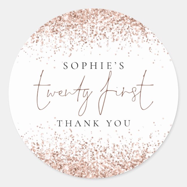 Adesivo Redondo Rosa Dourada Glitter Vinte Primeiro Aniversário Ob (Frente)