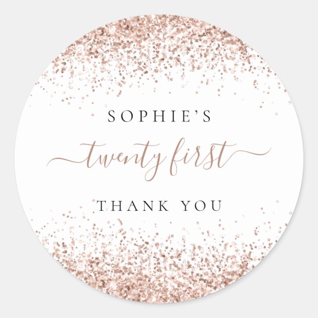 Adesivo Redondo Rosa Dourada Glitter Vinte Primeiro Aniversário Ob (Frente)