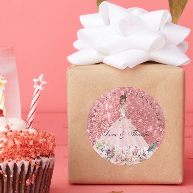 Adesivo Redondo Rosa Dourada Quinceañera Obrigado A Favor (Festa)